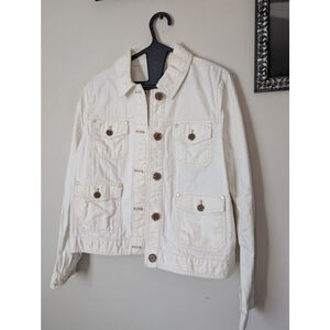 TALBOTS White Denim Jean Jacket M with Brown Buttons, women's